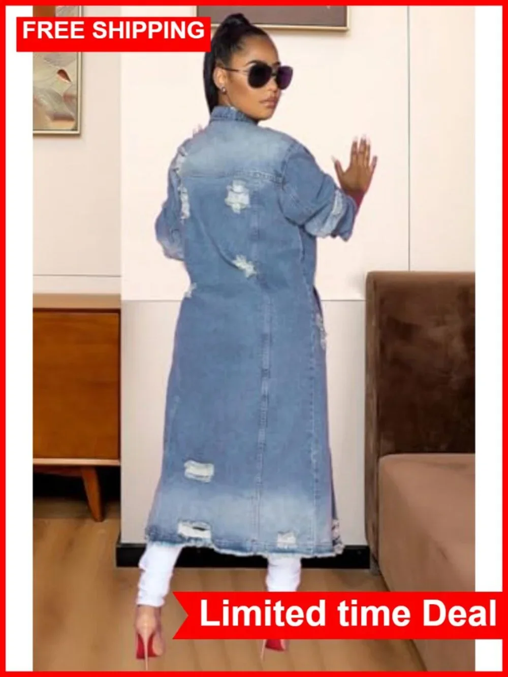 Ripped Holes Maxi Long Denim Jacket Trench Coat Button Front Frayed Hem